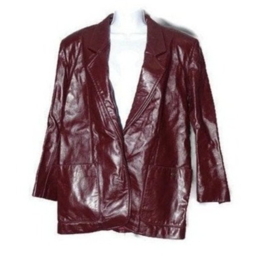 Vintage Etienne Aigner Leather Blazer Size 14 Coat Oxblood Red Burgundy Maroon